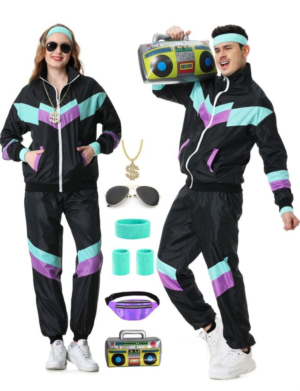 80s 90s Retro Tracksuit Costume Neon Windbreaker Set Unisex Size L